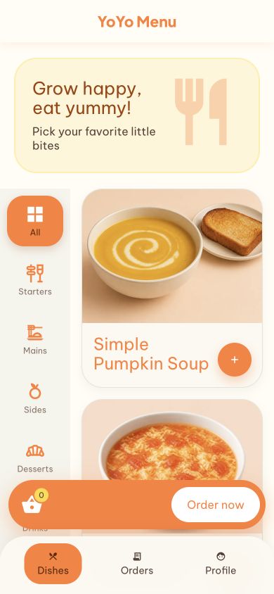 YoYo Menu mobile dishes screen showing simple categories, bright food cards, and a basket for children's choices